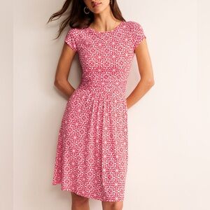 BODEN AMELIE JERSEY DRESS IN FLAME SCARLET / FLORAL MOSAIC SIZE 12 Long